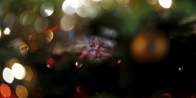 Ein Weihnachtsmann versteckt hinter Bäumen Ein Weihnachtsmann versteckt hinter Bäumen