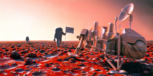 Zeichnung eines Astronauten, der neben einer Raumsonde auf dem Mars steht Zeichnung eines Astronauten, der neben einer Raumsonde auf dem Mars steht