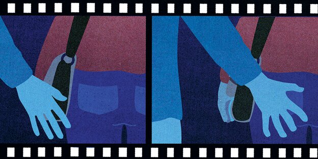 Illustration als Filmstreifen, die in zwei Bildern eine Hand zeigt, erst neben, dann auf dem Po Illustration als Filmstreifen, die in zwei Bildern eine Hand zeigt, erst neben, dann auf dem Po