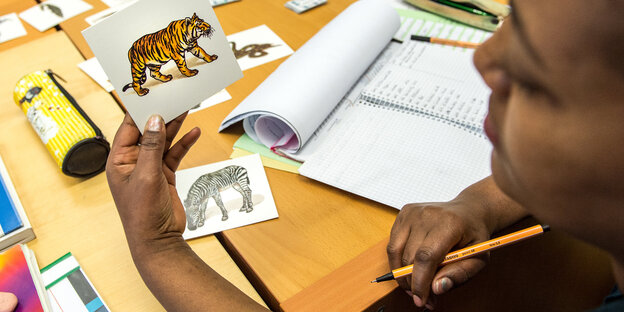 Eine Frau sitzt an einem Tisch und hält eine Karte mit einem Tiger hoch Eine Frau sitzt an einem Tisch und hält eine Karte mit einem Tiger hoch