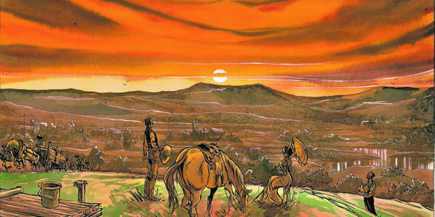 Comicbild: Menschen mit Pferd vor Prärielandschaft.