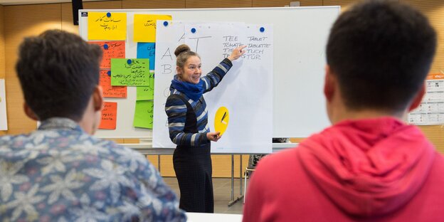 Eine Frau zeigt zwei jungen Menschen etwas an einem Whiteboard Eine Frau zeigt zwei jungen Menschen etwas an einem Whiteboard