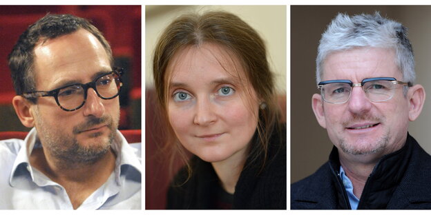 Porträtfotos der Autoren Roland Schimmelpfenning, Marion Poschmann und Heinz Strunk Porträtfotos der Autoren Roland Schimmelpfenning, Marion Poschmann und Heinz Strunk