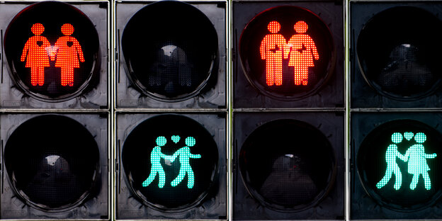 Ampellichter, die zu homosexuellen Paaren ummodelliert wurden. Ampellichter, die zu homosexuellen Paaren ummodelliert wurden.