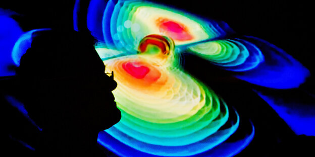 Wie eine acht breiten sich die Gravitationswellen aus. Das zeigt die Darstellung des Max-Plank-Instituts für Gravitationsphysik Wie eine acht breiten sich die Gravitationswellen aus. Das zeigt die Darstellung des Max-Plank-Instituts für Gravitationsphysik