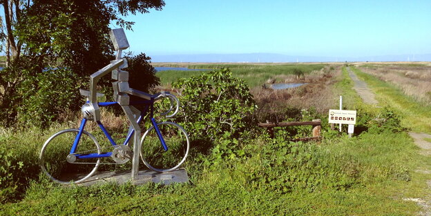 Vor einer Marschlandschaft steht eine Metallskulptur, die einen Roboter auf einem Rennrad darstellt Vor einer Marschlandschaft steht eine Metallskulptur, die einen Roboter auf einem Rennrad darstellt
