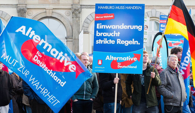 Menschen halten Plakate der AfD in die Luft