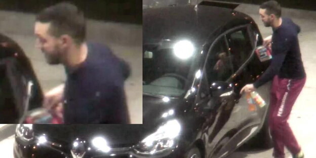 Eine Bildcomo zeigt einen Mann, der in ein schwarzes Auto einsteigt Eine Bildcomo zeigt einen Mann, der in ein schwarzes Auto einsteigt