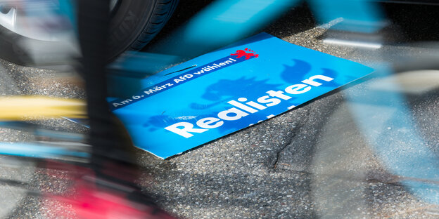 Ein halbes Wahlplakat der AfD liegt unter einem Auto Ein halbes Wahlplakat der AfD liegt unter einem Auto