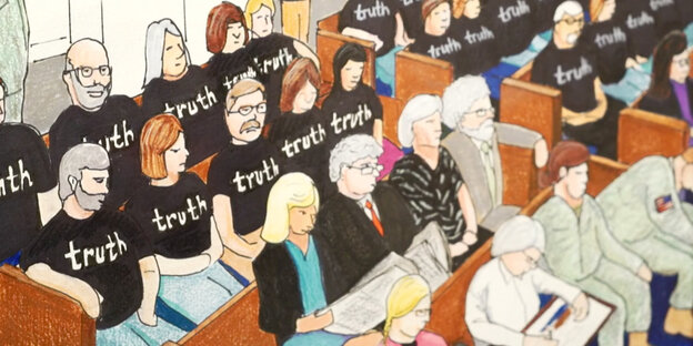 "Truth" steht auf den T-Shirts der Menschen, die in einer Gerichtsbank sitzen, gezeichnet im Prozess gegen Chelsea Manningng "Truth" steht auf den T-Shirts der Menschen, die in einer Gerichtsbank sitzen, gezeichnet im Prozess gegen Chelsea Manningng