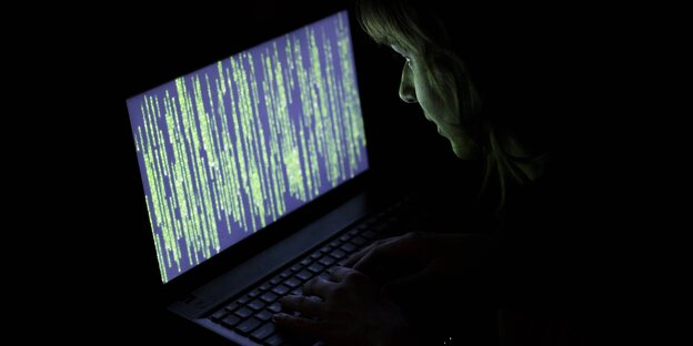 Eine Frau vor einem Laptop, auf dessen Bildschirm Vektoren zu sehen sind Eine Frau vor einem Laptop, auf dessen Bildschirm Vektoren zu sehen sind