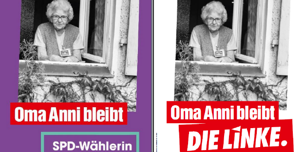 Die Linken- und die SPD-Version des Wahlplakats mit Oma Anni Die Linken- und die SPD-Version des Wahlplakats mit Oma Anni