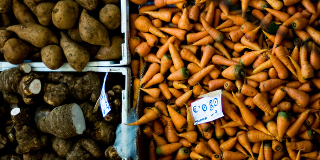 Kartoffeln und Wurzeln liegen in Gemüsekisten