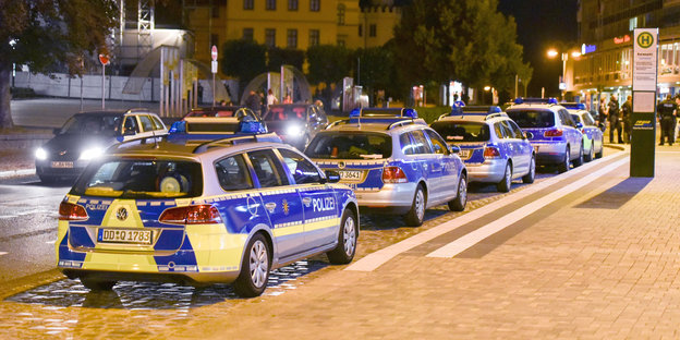 Polizeiwagen stehen hintereinander an einem Straßenrand