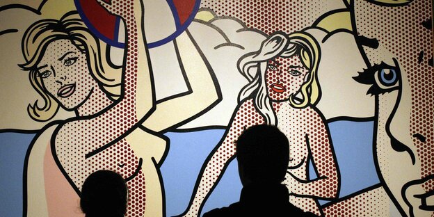 Ballspielende Frauen in Bikinis - auf einem Comic-Bild von Roy Lichtenstein