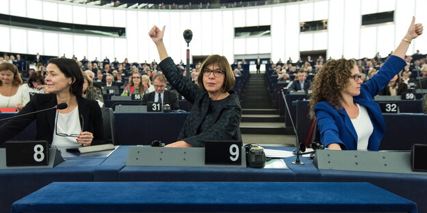 Rebecca Harms zeigt mit dem Daumen nach oben Rebecca Harms zeigt mit dem Daumen nach oben