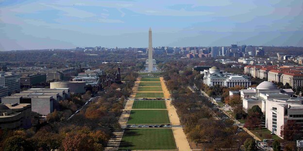 als grüner Streifen erstreckt sich die National Mall vor blassblauem Himmel