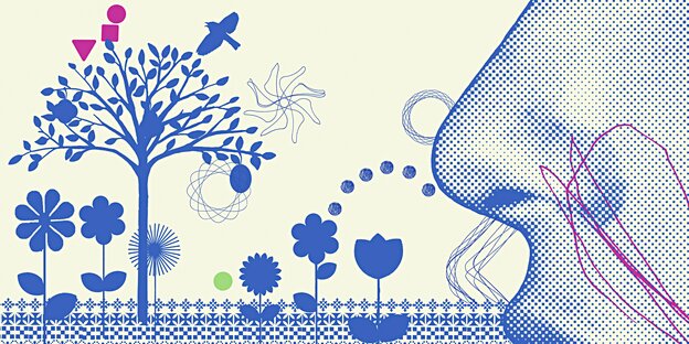 Die Illustration zeigt eine Nase, einen Baum und Blumen Die Illustration zeigt eine Nase, einen Baum und Blumen