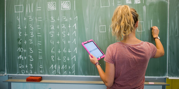 Ein Mädchen steht mit einem Tablet vor einer Schultafel Ein Mädchen steht mit einem Tablet vor einer Schultafel