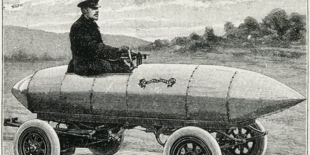 Histroische Darstellung: Camille Jenatzy in seinem Elektrorennwagen „La Jamais contente“ Histroische Darstellung: Camille Jenatzy in seinem Elektrorennwagen „La Jamais contente“