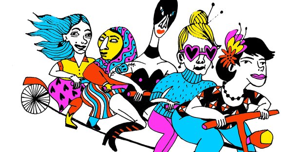Illustration von fünf Frauen, die auf einem Fahrrad fahren Illustration von fünf Frauen, die auf einem Fahrrad fahren