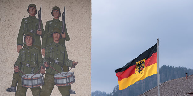 Flagge und Hauswand mit Soldatenbild Flagge und Hauswand mit Soldatenbild