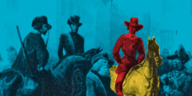 Eine Illustration, auf dem mehrere Menschen zu Pferd abgebildet sind, eine davon ist farblich hervorgehoben Eine Illustration, auf dem mehrere Menschen zu Pferd abgebildet sind, eine davon ist farblich hervorgehoben