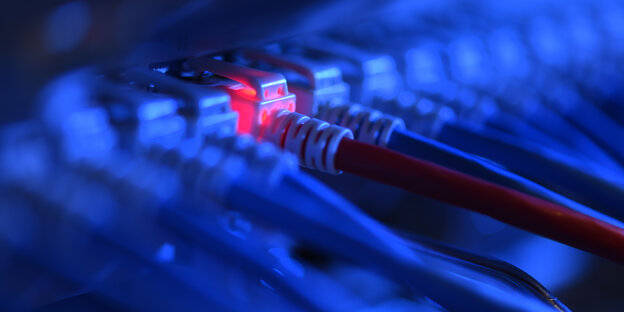 leuchtend rotes LAN-Kabel zwischen vielen nicht-leuchtenden blauen leuchtend rotes LAN-Kabel zwischen vielen nicht-leuchtenden blauen