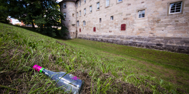 Auf einer Wiese vor einem Schloss liegt eine leere Flasche Auf einer Wiese vor einem Schloss liegt eine leere Flasche