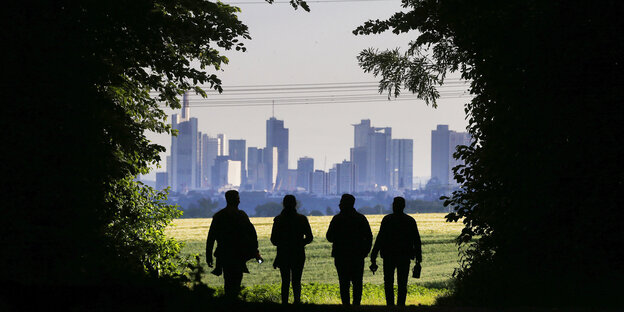 Menschen wandern durch den Wald, im Hintergrund die Skyline Frankfurts