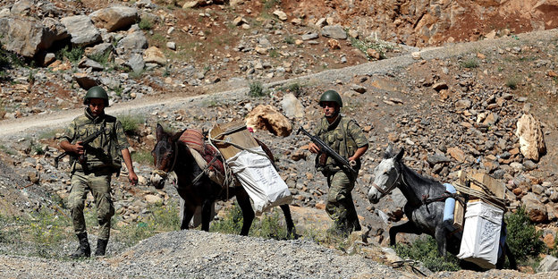 Türkische Soldaten mit Maultieren