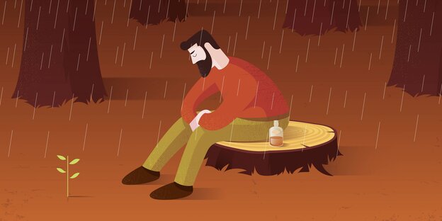 Zeichnung eines Mannes, der betrübt auf einem Baumstumpf sitzt Zeichnung eines Mannes, der betrübt auf einem Baumstumpf sitzt
