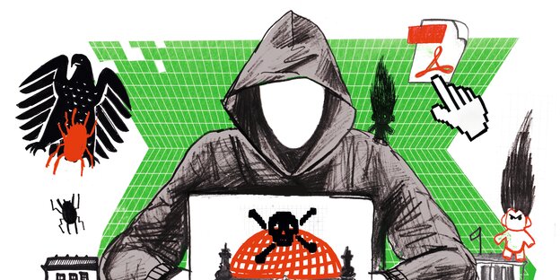 Zeichnung von einer Person im Kapuzenpulli an einem Laptop Zeichnung von einer Person im Kapuzenpulli an einem Laptop