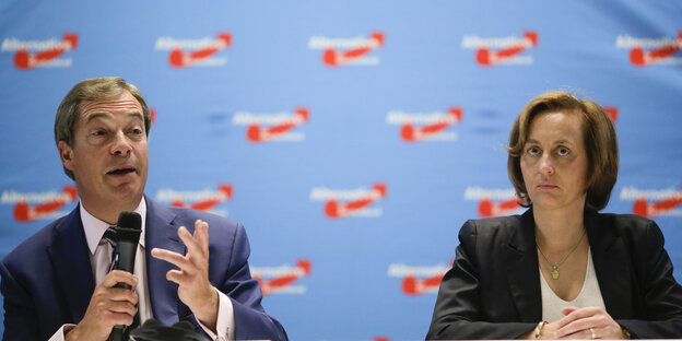 Nigel Farage und Beatrix von Storch sitzen vor einer Wand mit AfD-Logos Nigel Farage und Beatrix von Storch sitzen vor einer Wand mit AfD-Logos