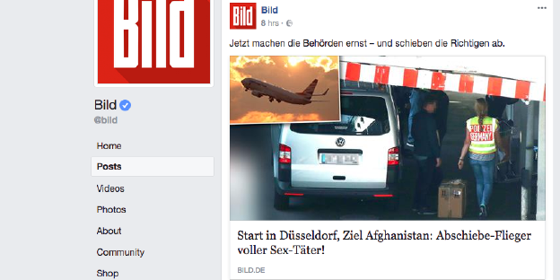 Screenshot von dem Facebookpost, auf dem Bild sind die Schlagzeilen, und ein Foto von einem Flugzeug und einem Polizeiauto zu sehen