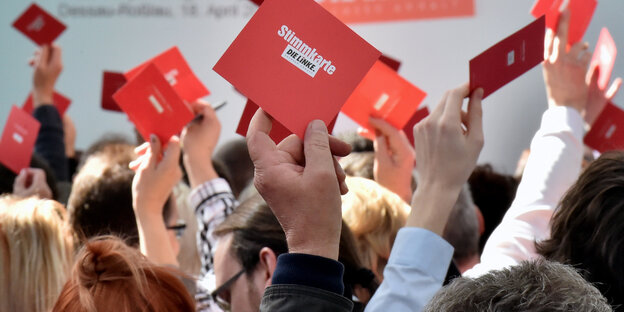 Menschen halten Stimmkarten in die Höhe