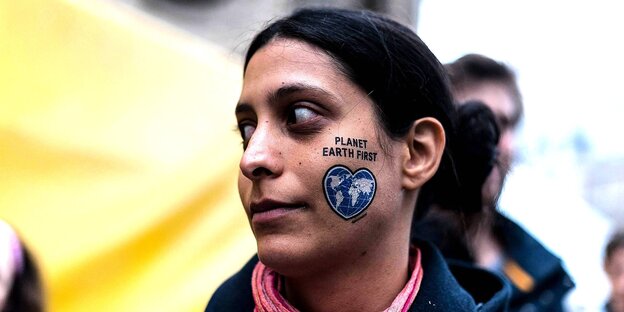 Frauengesicht mit einer gemalten Erde auf der Backe: Planet Earth First Frauengesicht mit einer gemalten Erde auf der Backe: Planet Earth First
