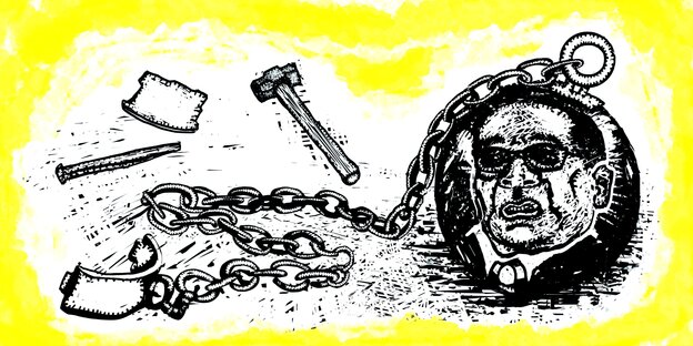 Illustration einer zerstörten Fußfessel mit dem Gesicht Mugabes Illustration einer zerstörten Fußfessel mit dem Gesicht Mugabes