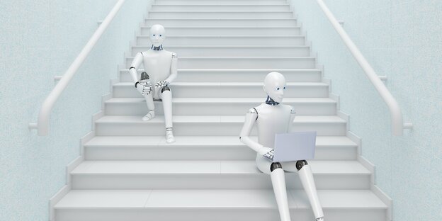 Roboter mit Laptops auf einer weißen Treppe Roboter mit Laptops auf einer weißen Treppe