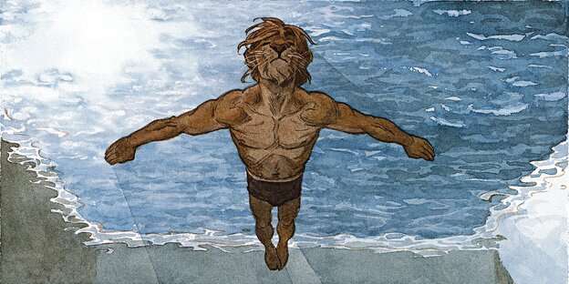 Eine Menschengestalt mit Löwenkopf schwimmt Eine Menschengestalt mit Löwenkopf schwimmt