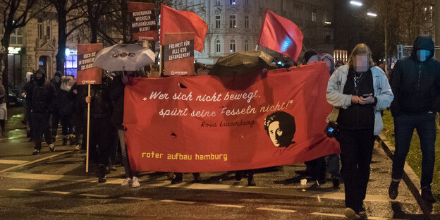Ein Demonstrationszug mit einem Transparent an der Spitze, auf dem steht: "Wer sich nicht bewegt, spürt seine Fesseln nicht. Rosa Luxemburg" Ein Demonstrationszug mit einem Transparent an der Spitze, auf dem steht: "Wer sich nicht bewegt, spürt seine Fesseln nicht. Rosa Luxemburg"