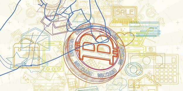 Eine Illustration von einer Hand und einer Bitcoin-Münze Eine Illustration von einer Hand und einer Bitcoin-Münze