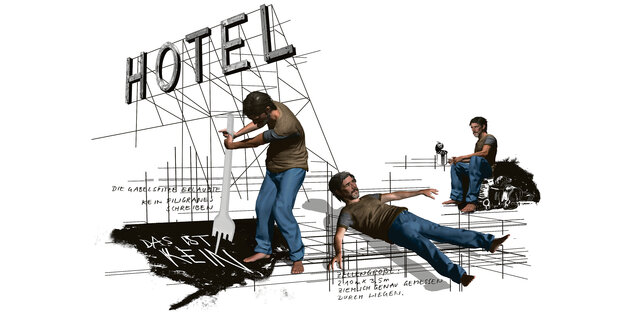 eine computergenerierte Illustration mit Szenen aus Deniz Yücels Gefangenschaft eine computergenerierte Illustration mit Szenen aus Deniz Yücels Gefangenschaft