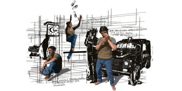 eine computergenerierte Illustration mit Szenen aus Deniz Yücels Gefangenschaft eine computergenerierte Illustration mit Szenen aus Deniz Yücels Gefangenschaft