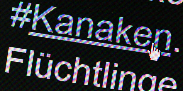 Zwei Wörter auf einem Computerbildschirm, nämlich: "#Kanaken" und "Flüchtlinge". Zwei Wörter auf einem Computerbildschirm, nämlich: "#Kanaken" und "Flüchtlinge".