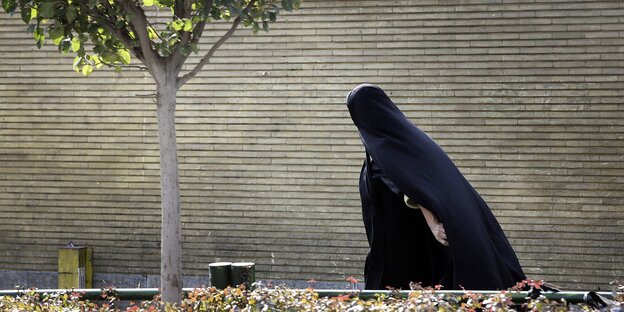eine verschleierte Frau vor grauer Fassade, daneben ein kleiner Baum eine verschleierte Frau vor grauer Fassade, daneben ein kleiner Baum