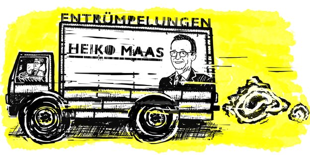 Eine Zeichnung zeigt einen Lastwagen, auf dem ein Bild von Heiko Maas zu sehen ist, darüber steht: Entrümpelungen Eine Zeichnung zeigt einen Lastwagen, auf dem ein Bild von Heiko Maas zu sehen ist, darüber steht: Entrümpelungen