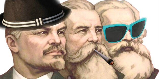 Lenin mit Hut, Engels mit Joint, Stalin mit Sonnenbrille Lenin mit Hut, Engels mit Joint, Stalin mit Sonnenbrille