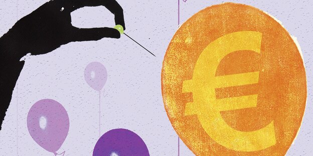 Eine Illustration zeigt, wie eine Hand mit einer Nadel in einen Ballon pieckst, auf dem ein Eurozeichen abgebildet ist Eine Illustration zeigt, wie eine Hand mit einer Nadel in einen Ballon pieckst, auf dem ein Eurozeichen abgebildet ist