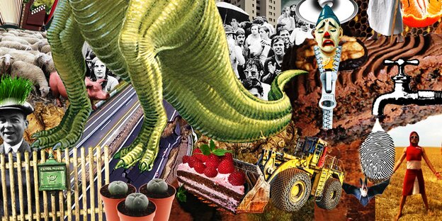 Wilde Collage mit Bagger, Dinosaurierschwanz und einem Mann im roten Kleid Wilde Collage mit Bagger, Dinosaurierschwanz und einem Mann im roten Kleid